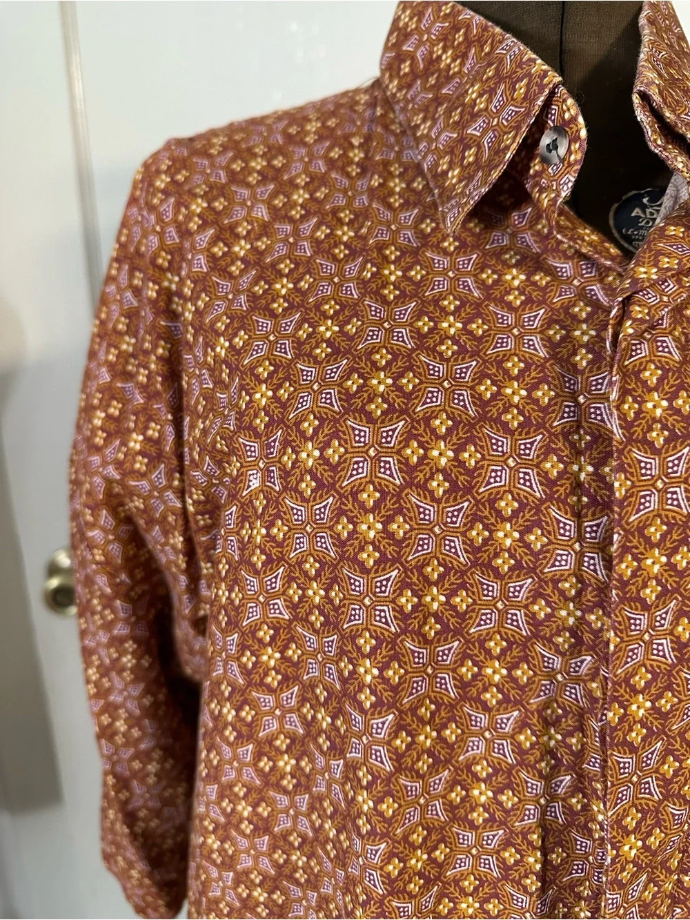 Men's Casual Button-Down Shirt in Rust Floral Print Batik Vintage